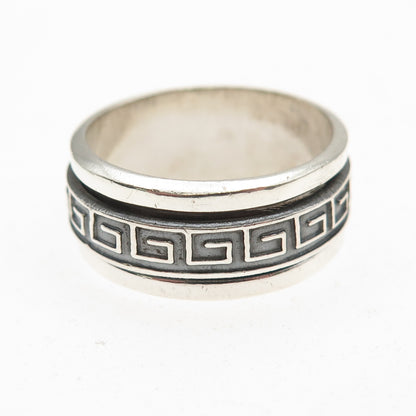 925 Sterling Silver Vintage Greek Key Oxidized Rotating Band Ring Size 9