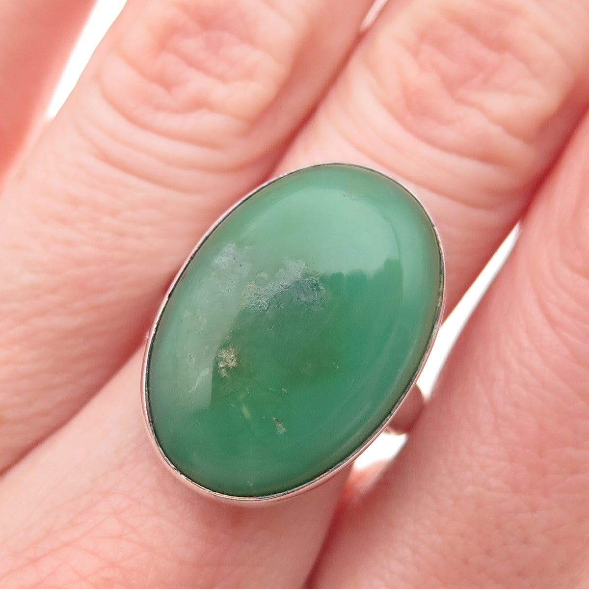 925 Sterling Silver Vintage Real Cabochon Chrysoprase Ring Size 7