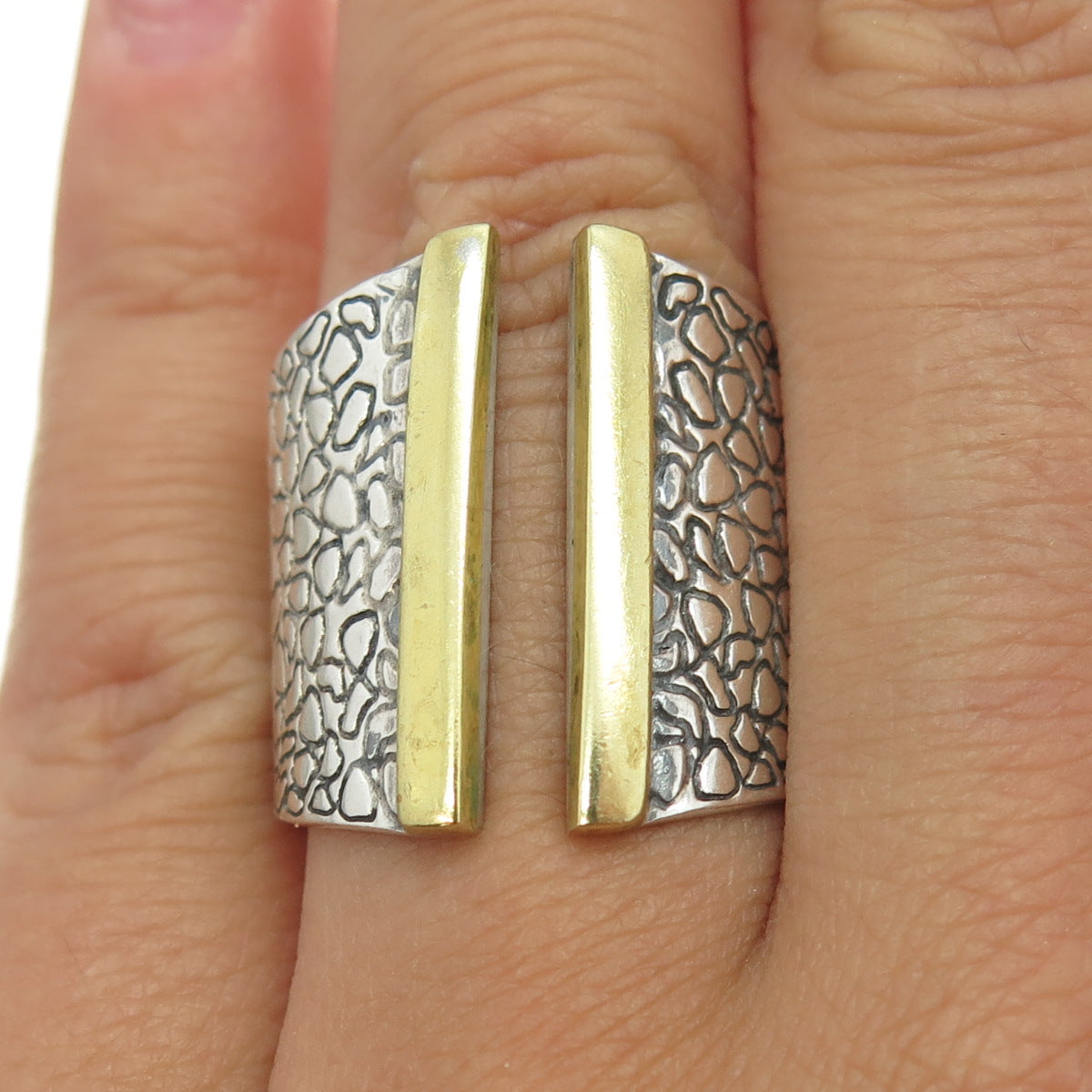 AMPARE Sterling Silver 2-Tone Vintage Mexico Modernist Adjustable Ring Size 8