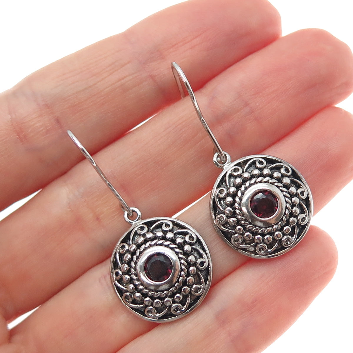 925 Sterling Silver Vintage Real Round-Cut Tourmaline Oxidized Dangle Earrings