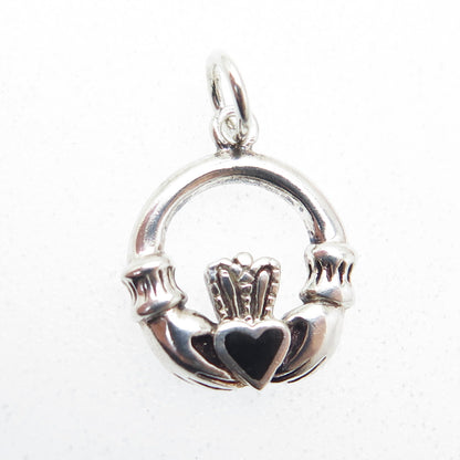 925 Sterling Silver Vintage Real Black Onyx Irish Claddagh Charm Pendant