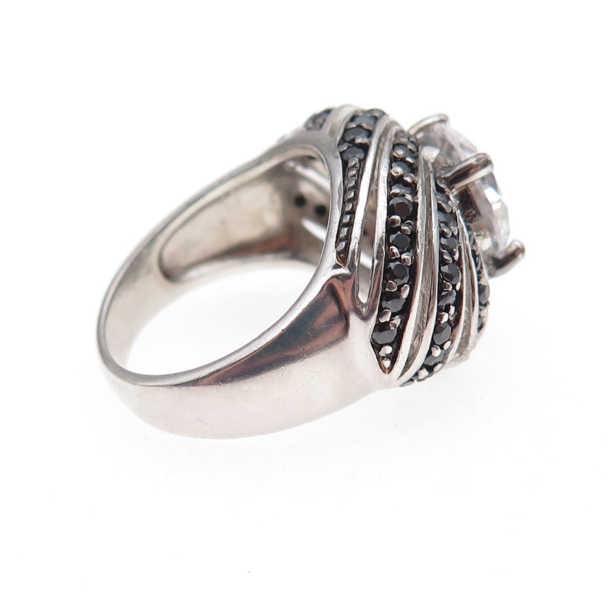 925 Sterling Silver Real Round-Cut Black Spinel & C Z Ring Size 6