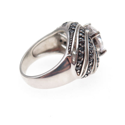 925 Sterling Silver Real Round-Cut Black Spinel & C Z Ring Size 6
