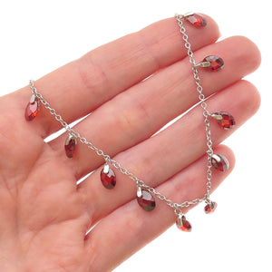 925 Sterling Silver Oval-Cut Red C Z Dangle Charm Cable Chain Necklace 16"