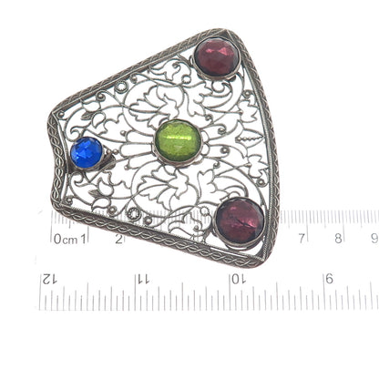 800 Silver Antique Blue Green & Purple Rhinestone Filigree Oxidized Pendant