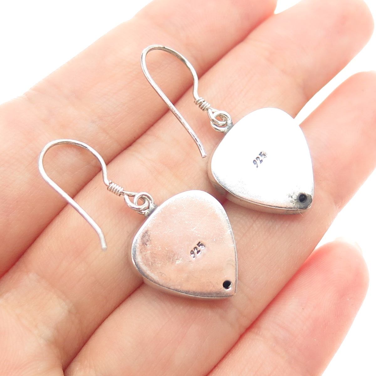 925 Sterling Silver 2-Tone Vintage Granulated Heart Oxidized Dangle Earrings