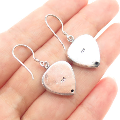 925 Sterling Silver 2-Tone Vintage Granulated Heart Oxidized Dangle Earrings
