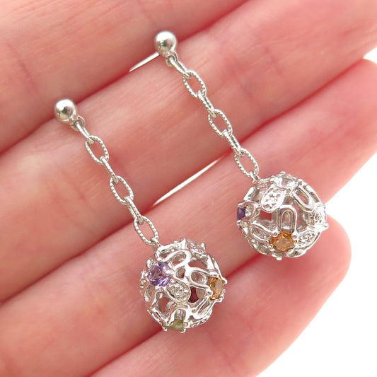 925 Sterling Real Amethyst Topaz Peridot Citrine & Garnet Ball Dangle Earrings