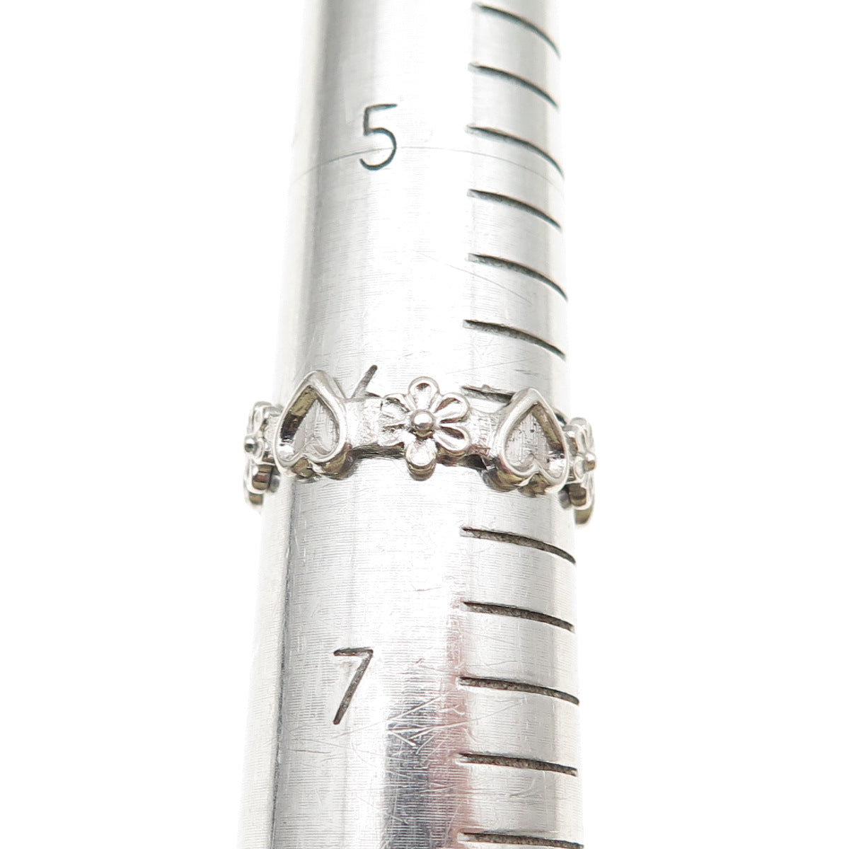 Beau 925 Sterling Silver Vintage Heart & Daisy Band Ring Size 6.25