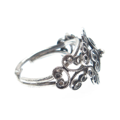 BEAU 925 Sterling Silver Vintage Filigree Flower Adjustable Ring Size 6.75