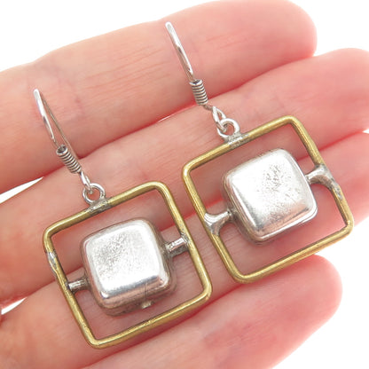 925 Sterling Silver 2-Tone Vintage Mexico Modernist Square Dangle Earrings