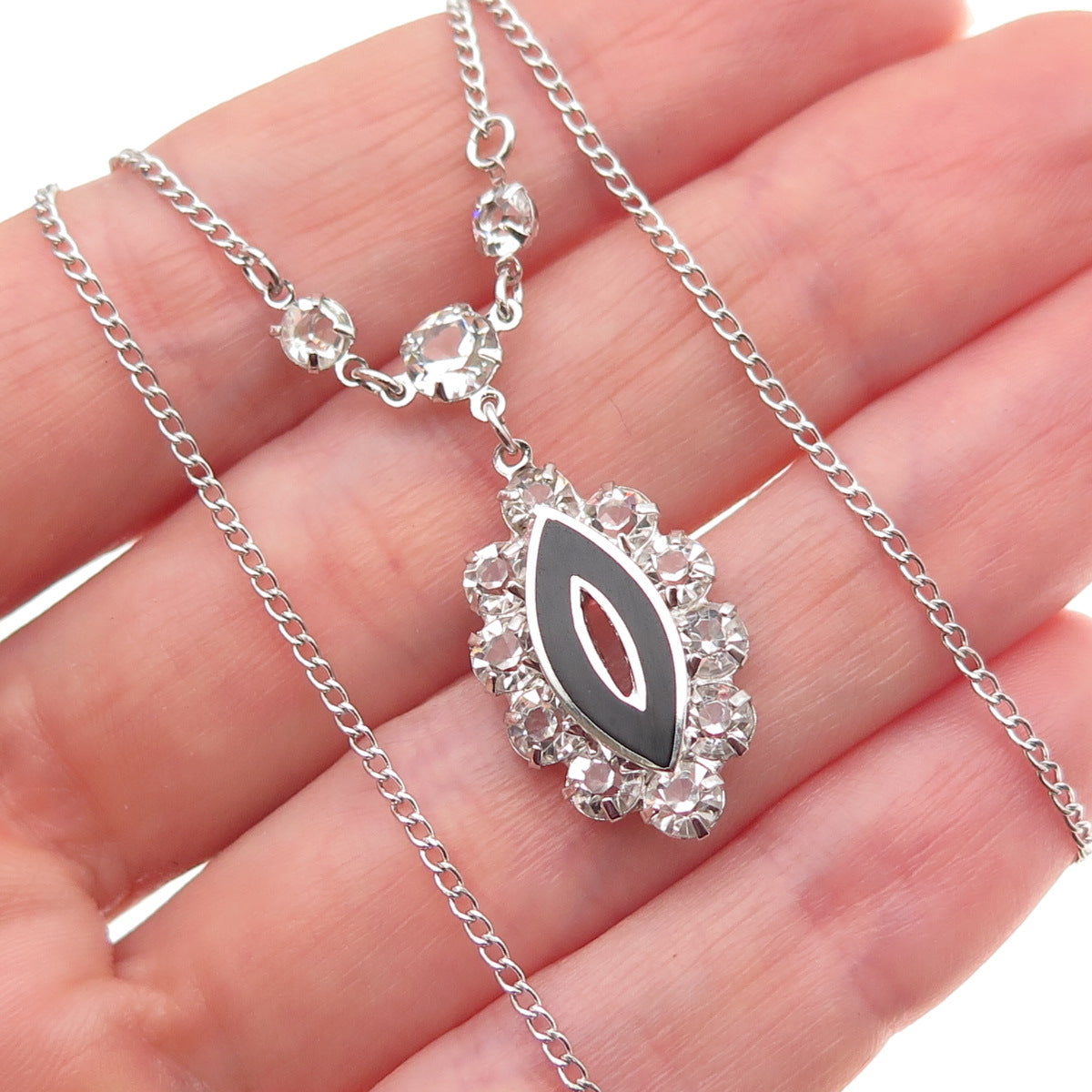 925 Sterling Silver Vintage Enamel & Rhinestone Curb Chain Necklace 16"