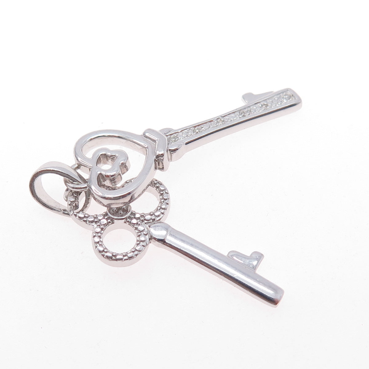 925 Sterling Silver Real Round-Cut Diamond Heart & Club Key Charm Pendant