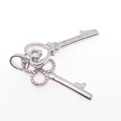 925 Sterling Silver Real Round-Cut Diamond Heart & Club Key Charm Pendant