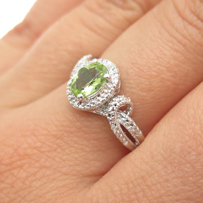 SUN 925 Sterling Silver Real Round-Cut Diamond & Peridot Ring Size 7