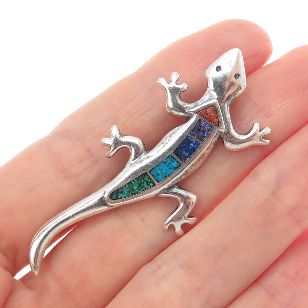CAROLYN POLLACK Old Pawn Sterling Silver Vintage Multi-Gem Inlay Lizard Brooch