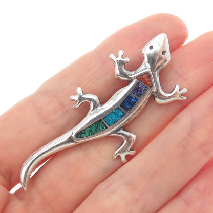 CAROLYN POLLACK Old Pawn Sterling Silver Vintage Multi-Gem Inlay Lizard Brooch