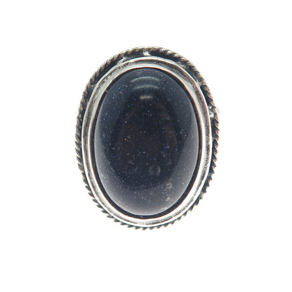 925 Sterling Silver Vintage Real Blue Sunstone Zig Zag Oxidized Ring Size 8.75