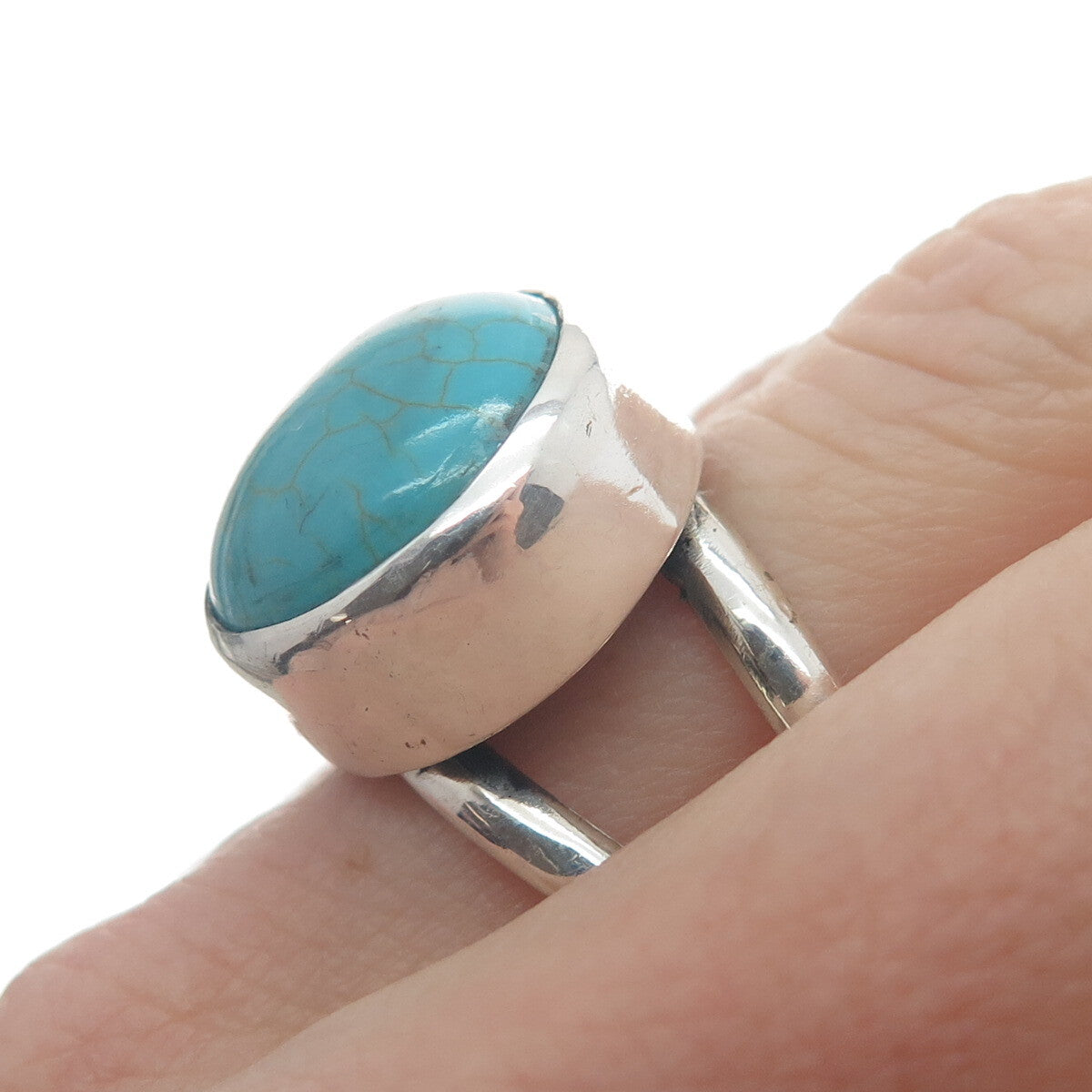 925 Sterling Silver Vintage Real Round-Cut Lone Mountain Turquoise Ring Size 8