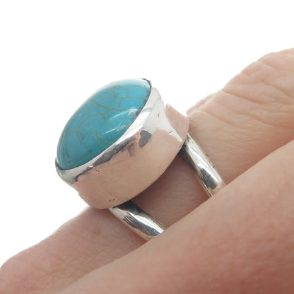925 Sterling Silver Vintage Real Round-Cut Lone Mountain Turquoise Ring Size 8