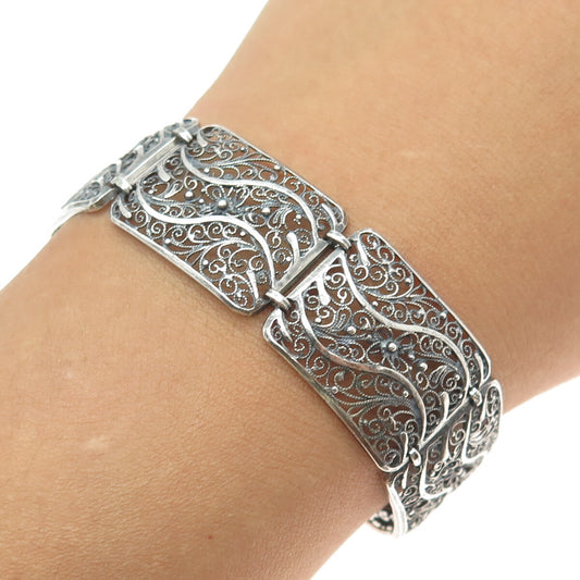 GUSTAV HAUBER 835 Silver Vintage Germany Filigree Panel Oxidized Bracelet 7.75"