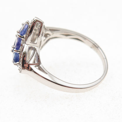 925 Sterling Silver Real Oval-Cut Tanzanite Round-Cut White Topaz Ring Size 8.25