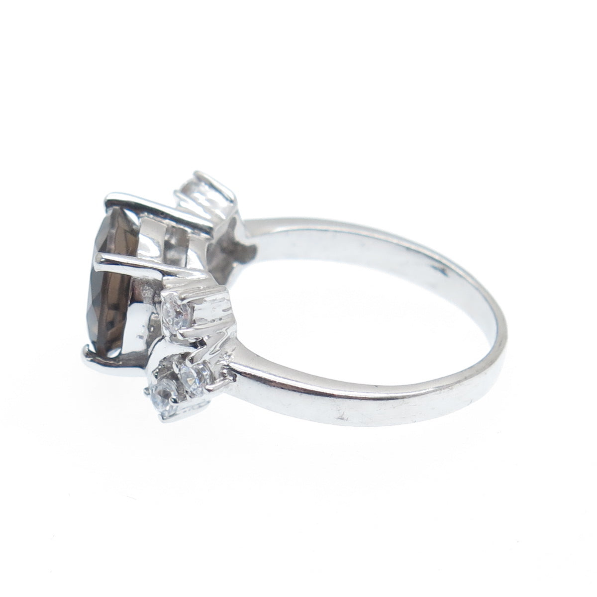 925 Sterling Silver Real Round-Cut Smoky Quartz & C Z Ring Size 7.25