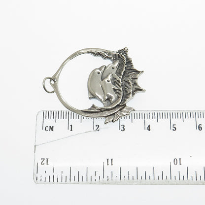 925 Sterling Silver Vintage Dolphin Family Oxidized Pendant
