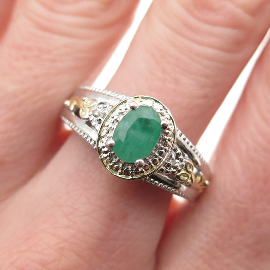 Chuck Clemency 925 Sterling Silver 2-Tone Real Diamond & Emerald Ring Size 8.25