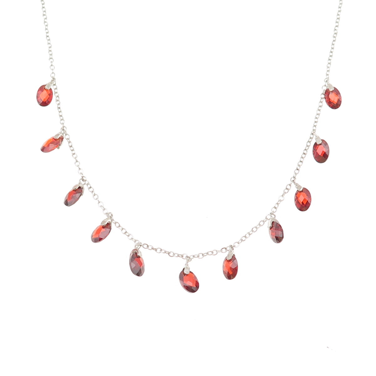 925 Sterling Silver Oval-Cut Red C Z Dangle Charm Cable Chain Necklace 16"