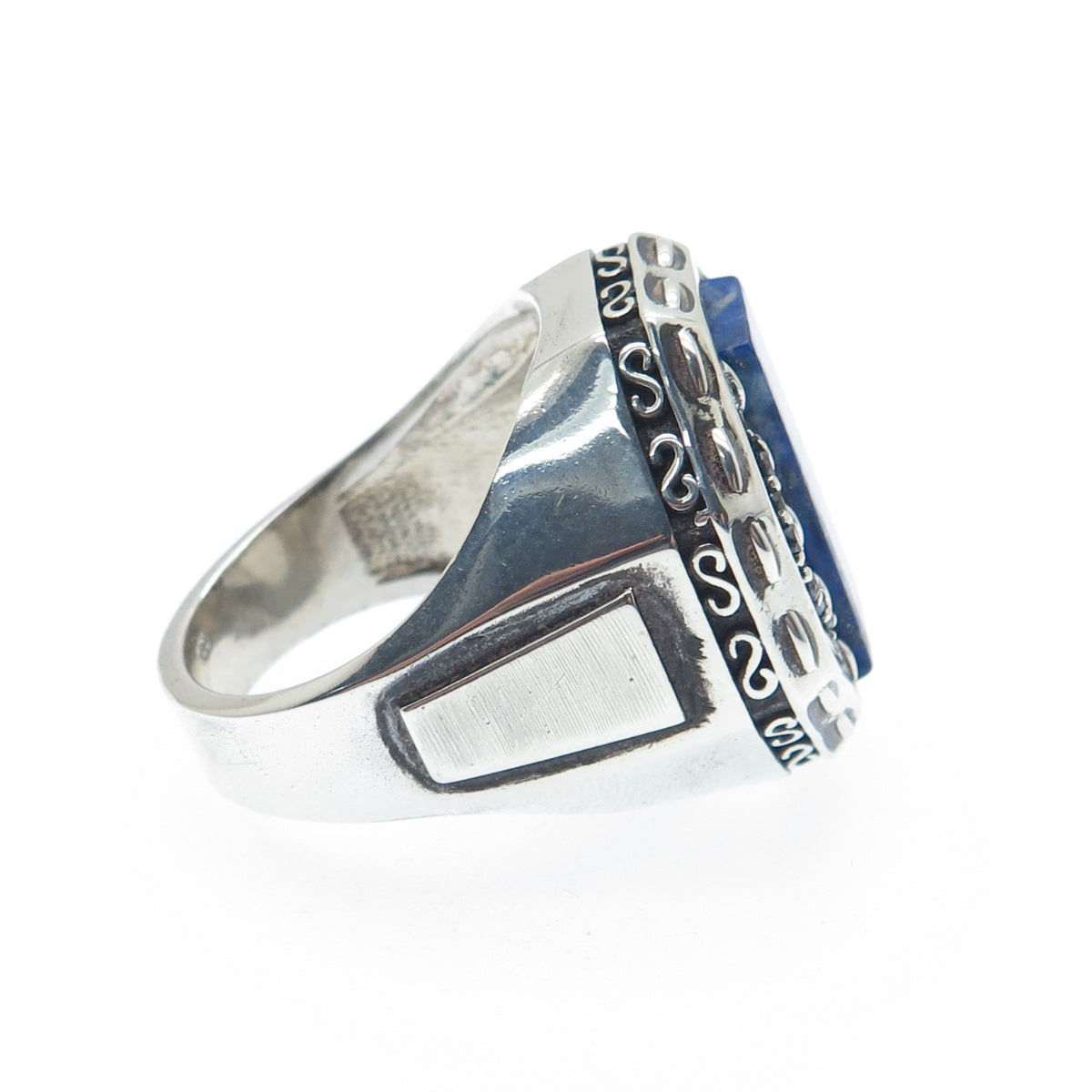 925 Sterling Silver Vintage Real Black Diamond & Lapis Lazuli Ring Size 9.25