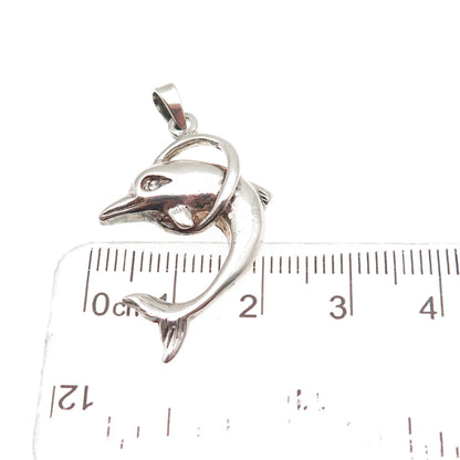 925 Sterling Silver Vintage Round-Cut C Z Dolphin Oxidized Charm Pendant