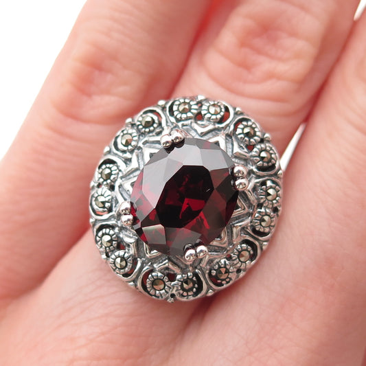 925 Sterling Silver Vintage Real Red Garnet & Marcasite Oxidized Ring Size 6