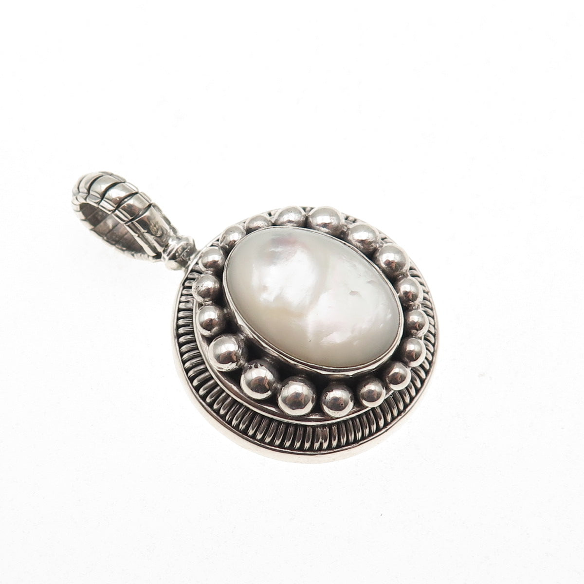 Suarti Bali 925 Sterling Silver Vintage Real MOP Beaded Oxidized Charm Pendant