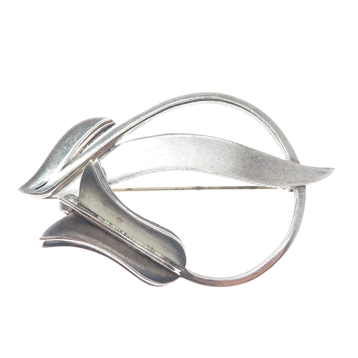 925 Sterling Silver Vintage Mexico Tulip Flower Modernist Oxidized Pin Brooch