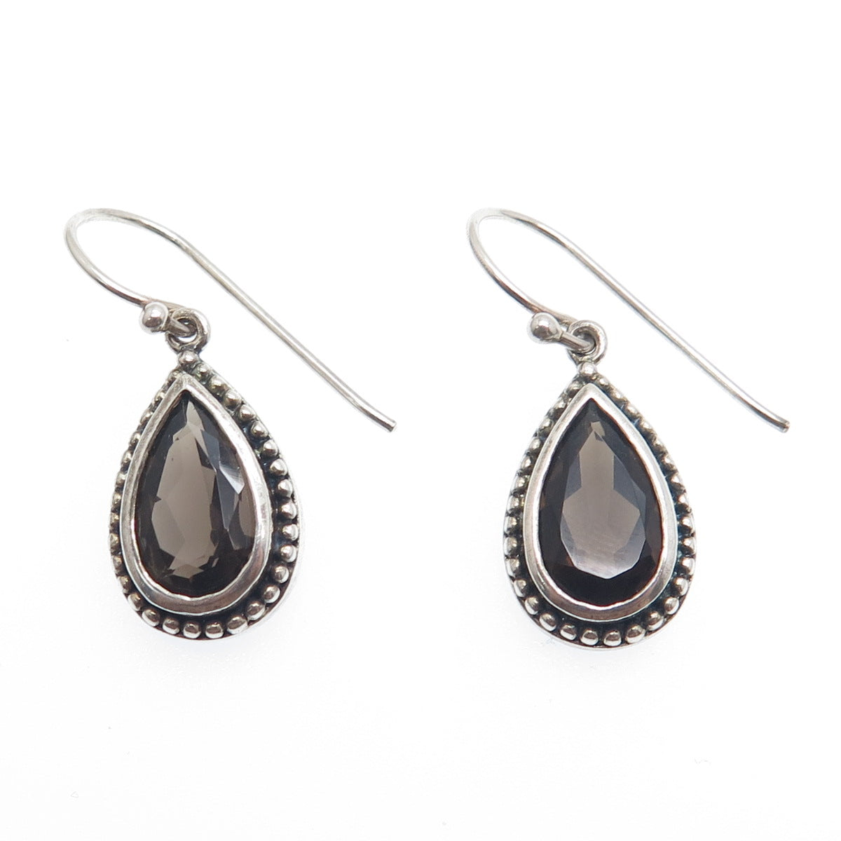 925 Sterling Silver Vintage Real Pear-Cut Smoky Quartz Dangle Earrings