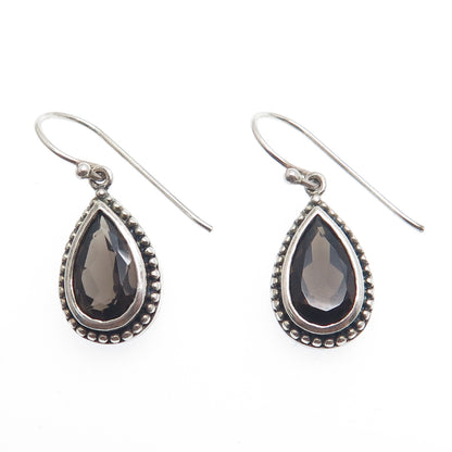 925 Sterling Silver Vintage Real Pear-Cut Smoky Quartz Dangle Earrings