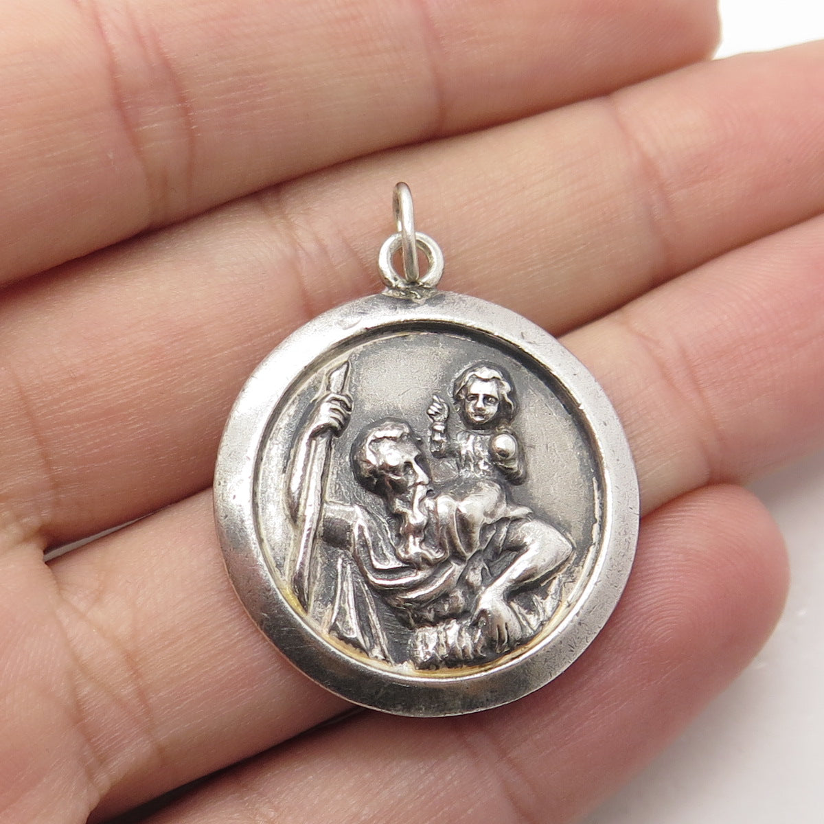 925 Sterling Silver Vintage Mexico St. Christopher Religious Round Pendant