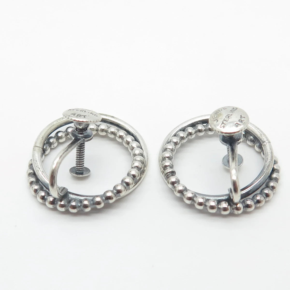 925 Sterling Silver Vintage Jewelart Beaded Double Circle Screw Back Earrings