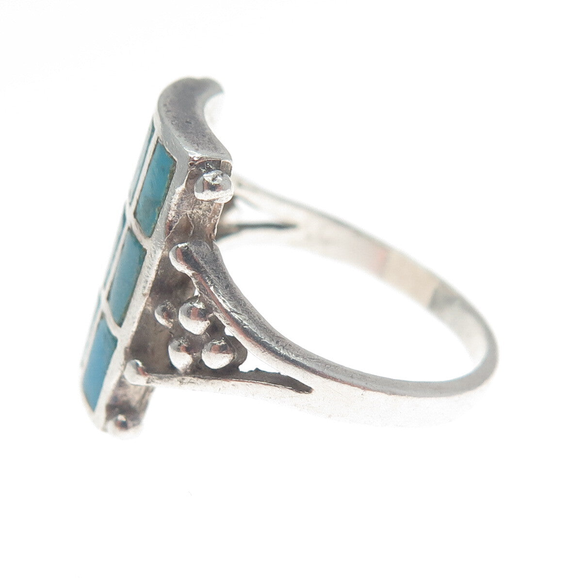 925 Sterling Silver Vintage Bisbee Turquoise Gem Checkerboard Ring Size 7.25