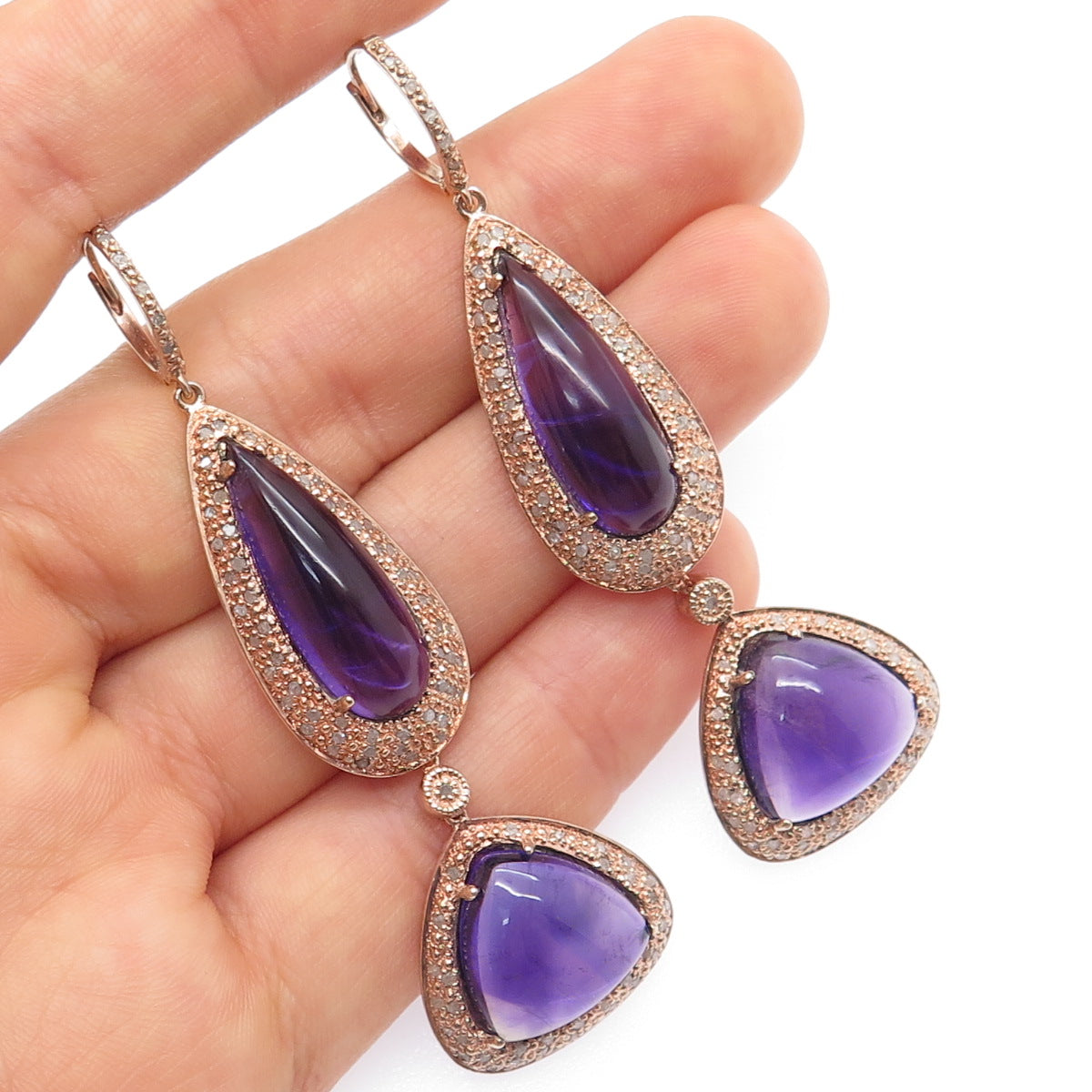 925 Sterling Silver Rose Gold Plated Real Diamond & Amethyst Dangle Earrings