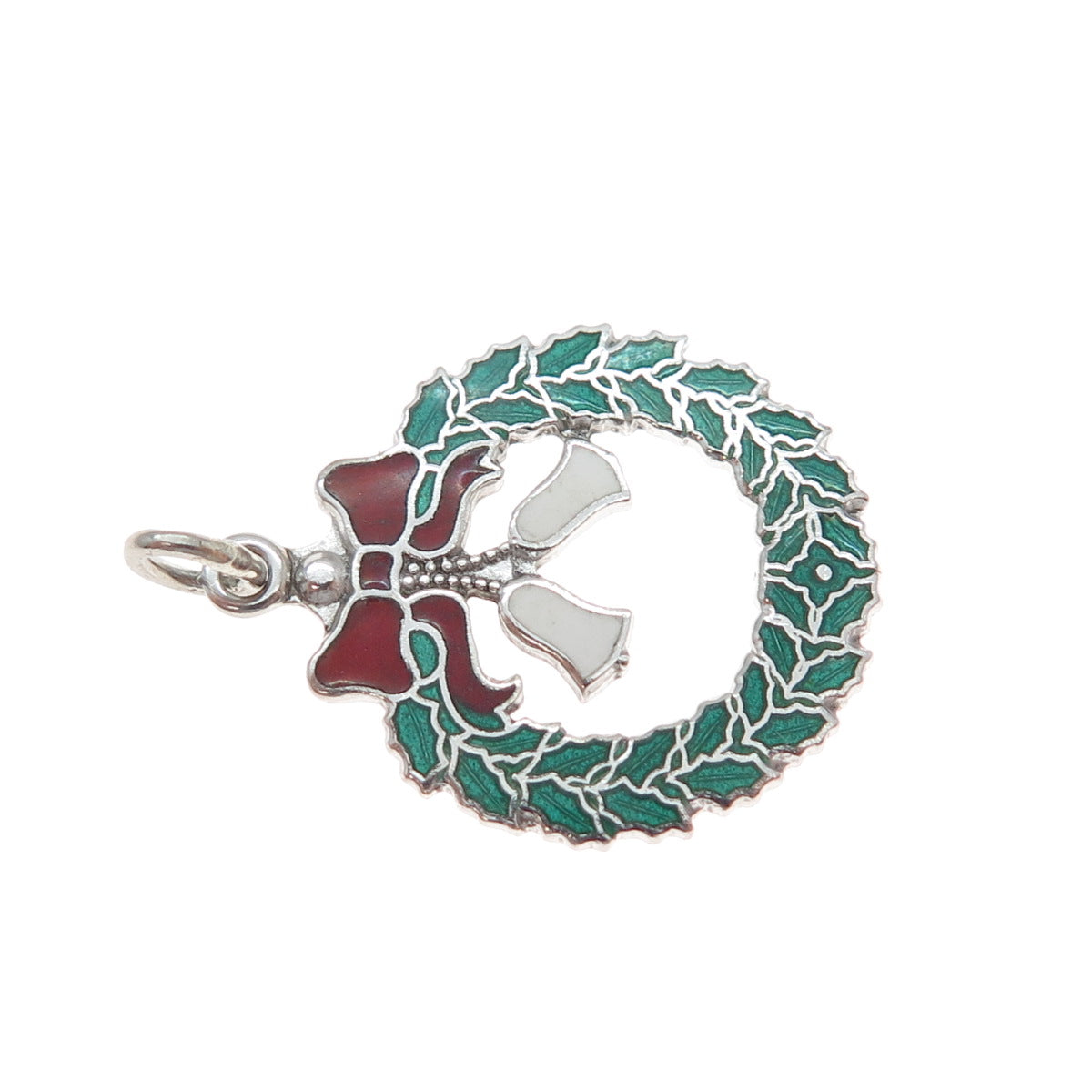 925 Sterling Silver Vintage Enamel Christmas Wreath & Bell Charm Pendant