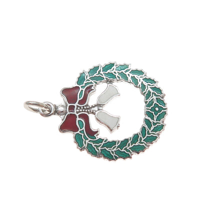 925 Sterling Silver Vintage Enamel Christmas Wreath & Bell Charm Pendant