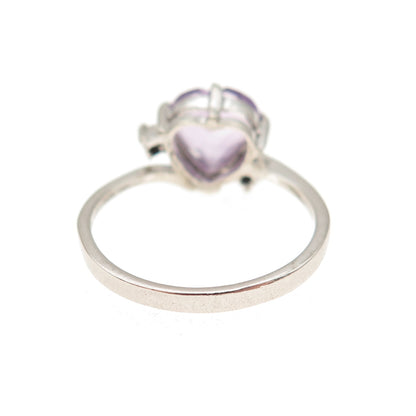925 Sterling Silver Vintage Real Amethyst & C Z Heart Ring Size 6