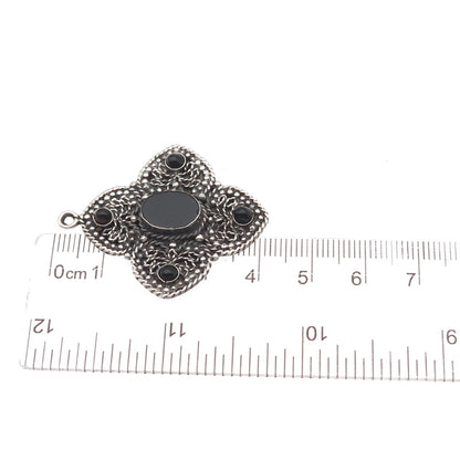 925 Sterling Silver Vintage Real Black Onyx Cross Oxidized Charm Pendant