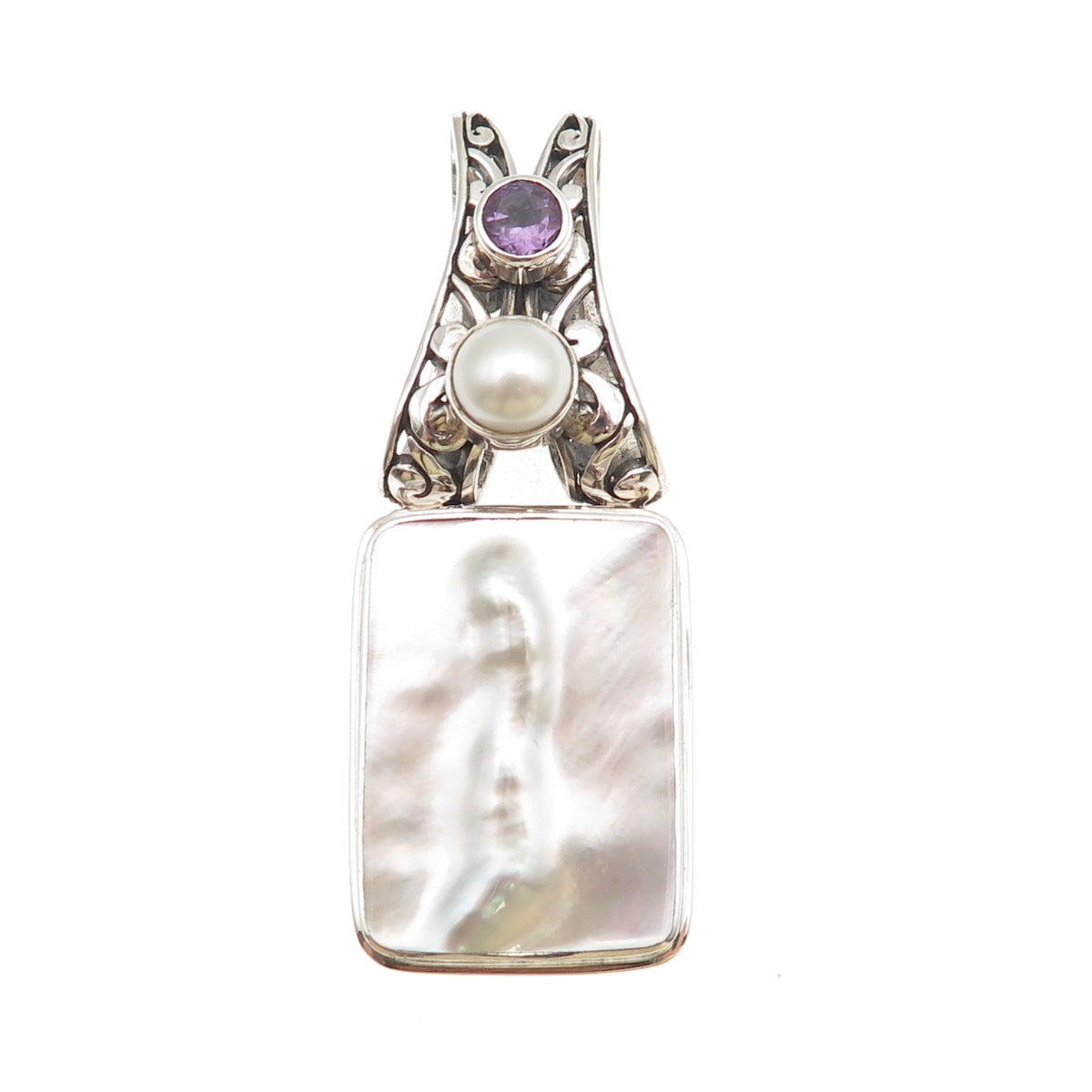 925 Sterling Silver Vintage Real MOP Pearl & Amethyst Floral Slide Pendant