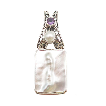 925 Sterling Silver Vintage Real MOP Pearl & Amethyst Floral Slide Pendant