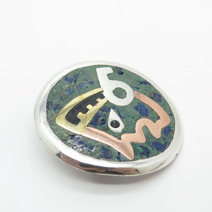925 Sterling Silver 3-Tone Vintage Mexico Real Azurite Gem Tribal Man Pin Brooch
