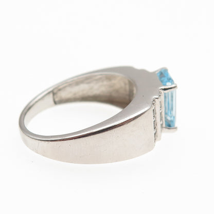 925 Sterling Silver Real Emerald-Cut Blue & Round-Cut White Topaz Ring Size 9