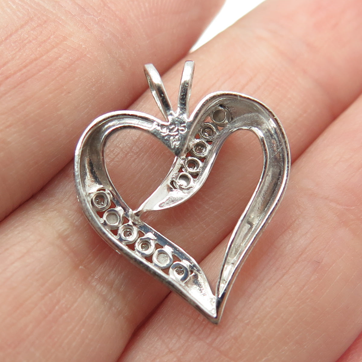925 Sterling Silver Real Round-Cut Diamond Heart Charm Pendant